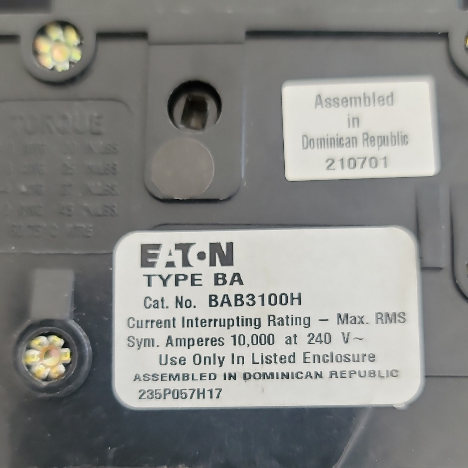 Eaton Type BA BAB3100H 3-Pole 100A 240V AC Common Trip Circuit Breaker