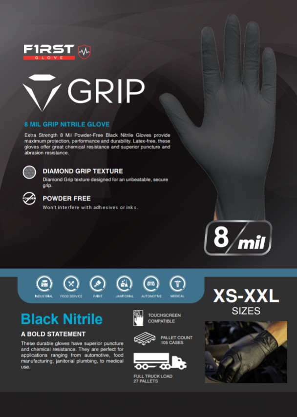 First Glove Grip Black Nitrile Disposable Gloves 8 Mil Raised Diamond Texture
