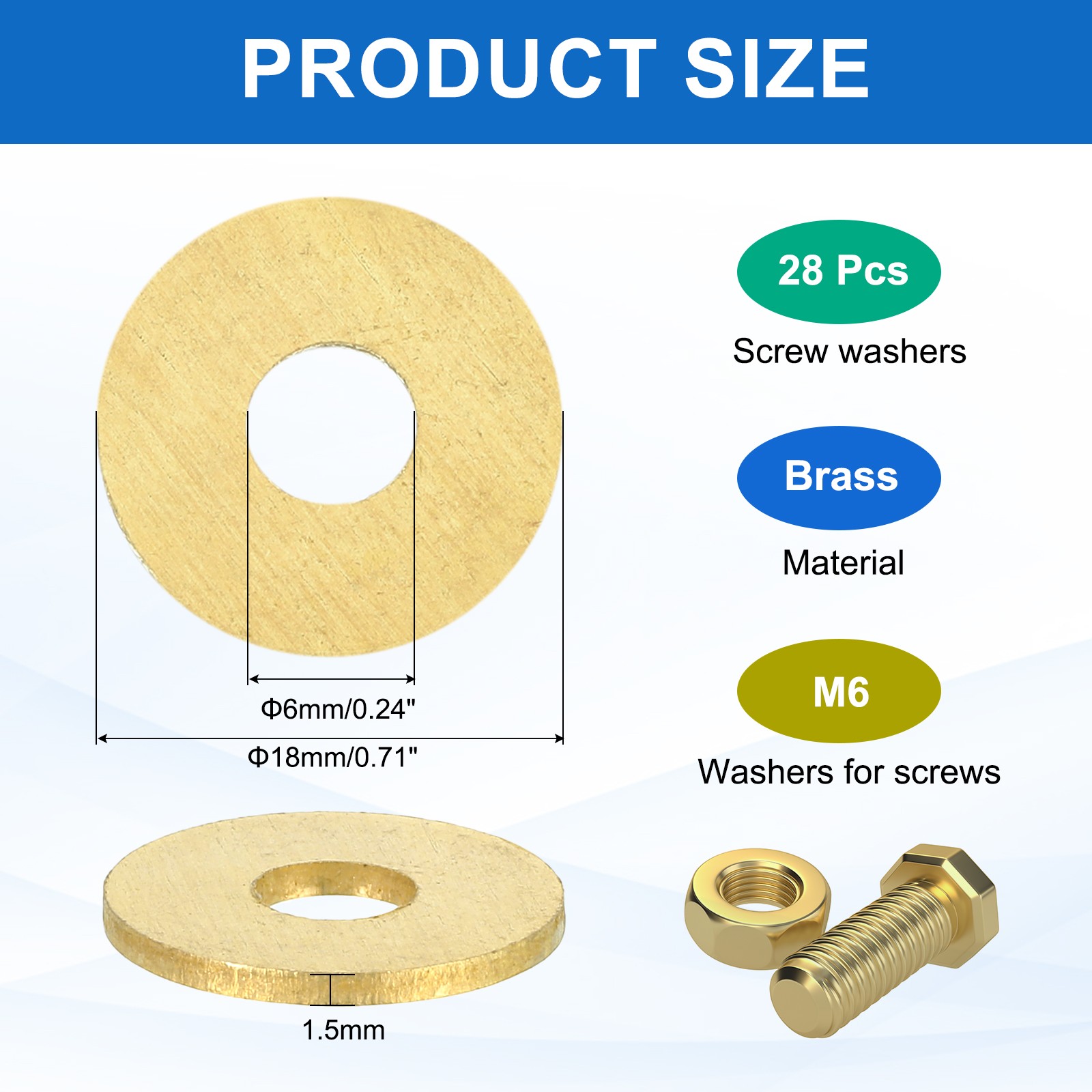 28Pcs Brass Flat Washer M6 6 x 18 x 1.5mm Fenders Washers Assortment