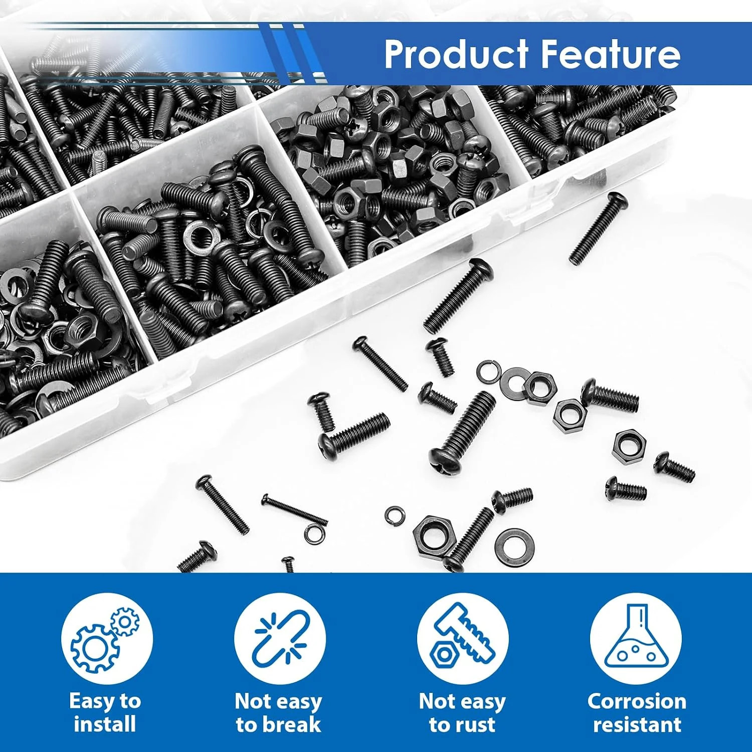 smseace 516Pcs Black Nuts and Bolts Assortment Kit 21-Sizes M3 M4 M5 M6 Washer