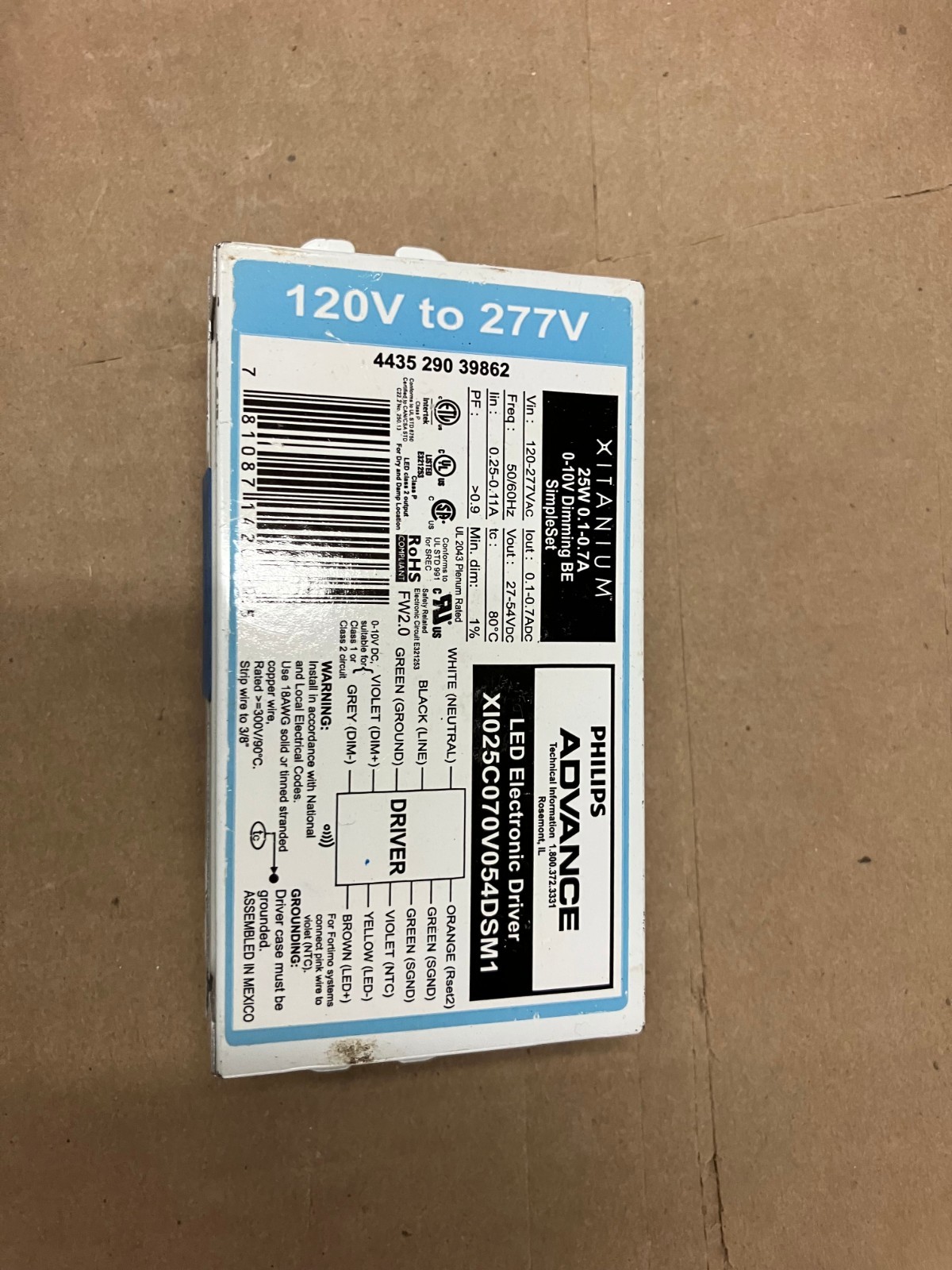 ADVANCE XI025C070V054DSM1 XITANIUM 0-10V DIMMABLE LED DRIVER, 27-54VDC, 25W, 120