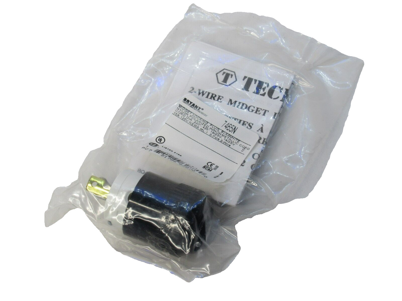 (NEW) BRYANT 7465N 15A 125V 2P 2 Wire Midget Locking Plug