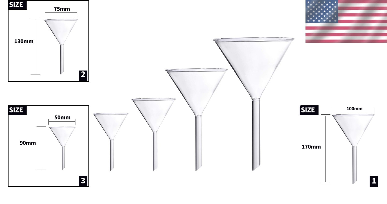Glass Funnel Set, 4 Pcs Lab Borosilicate Glass Funnels, 100mm (170mm Length), 75