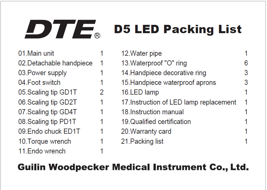 Original Woodpecker Dental DTE D1 D5 LED Ultrasonic Piezo Scaler Handpiece 110V