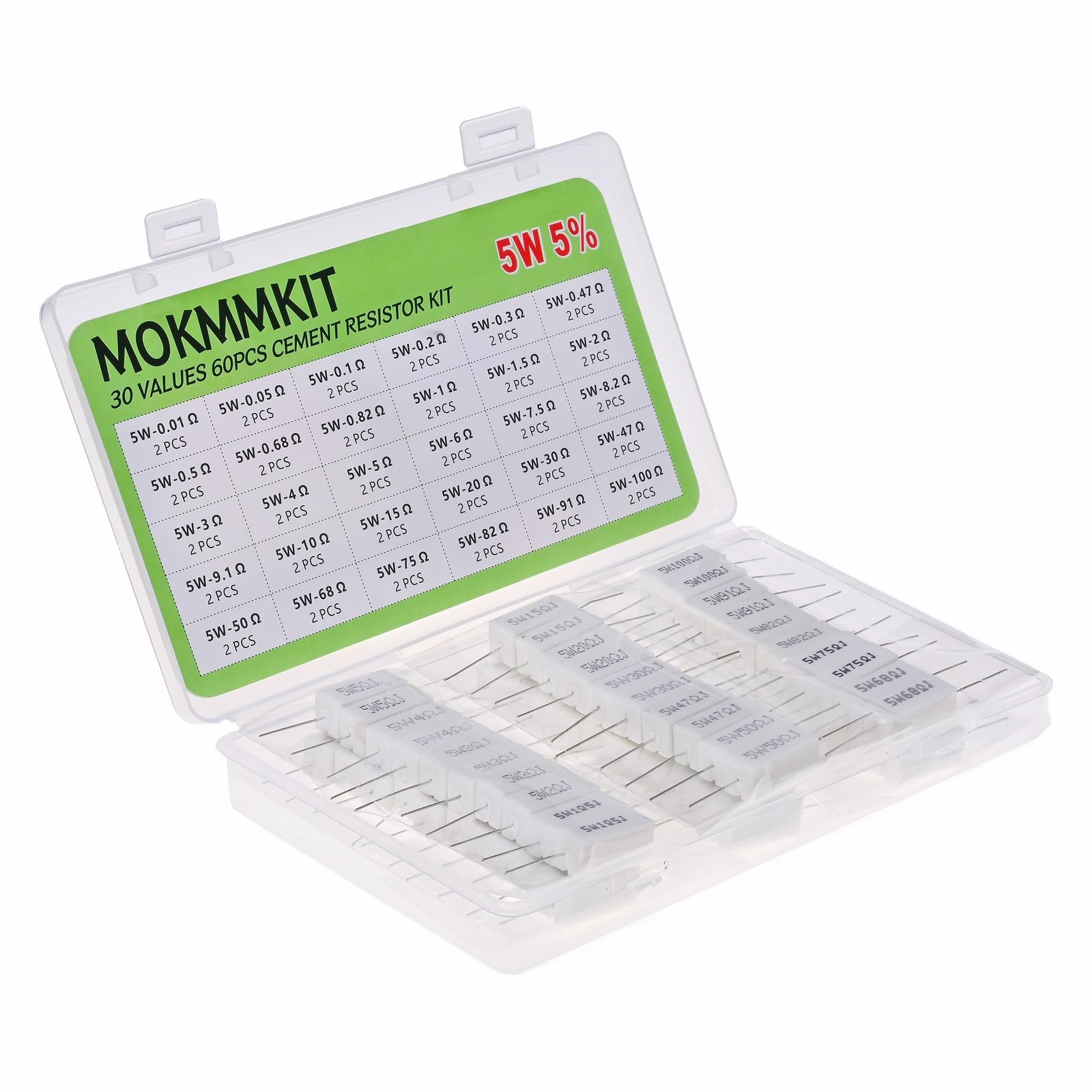 MOKMMKIT 30 Values 60 Pieces Ceramic Cement Resistor KIT 5W 0.01Ω-100Ω 60 PCS