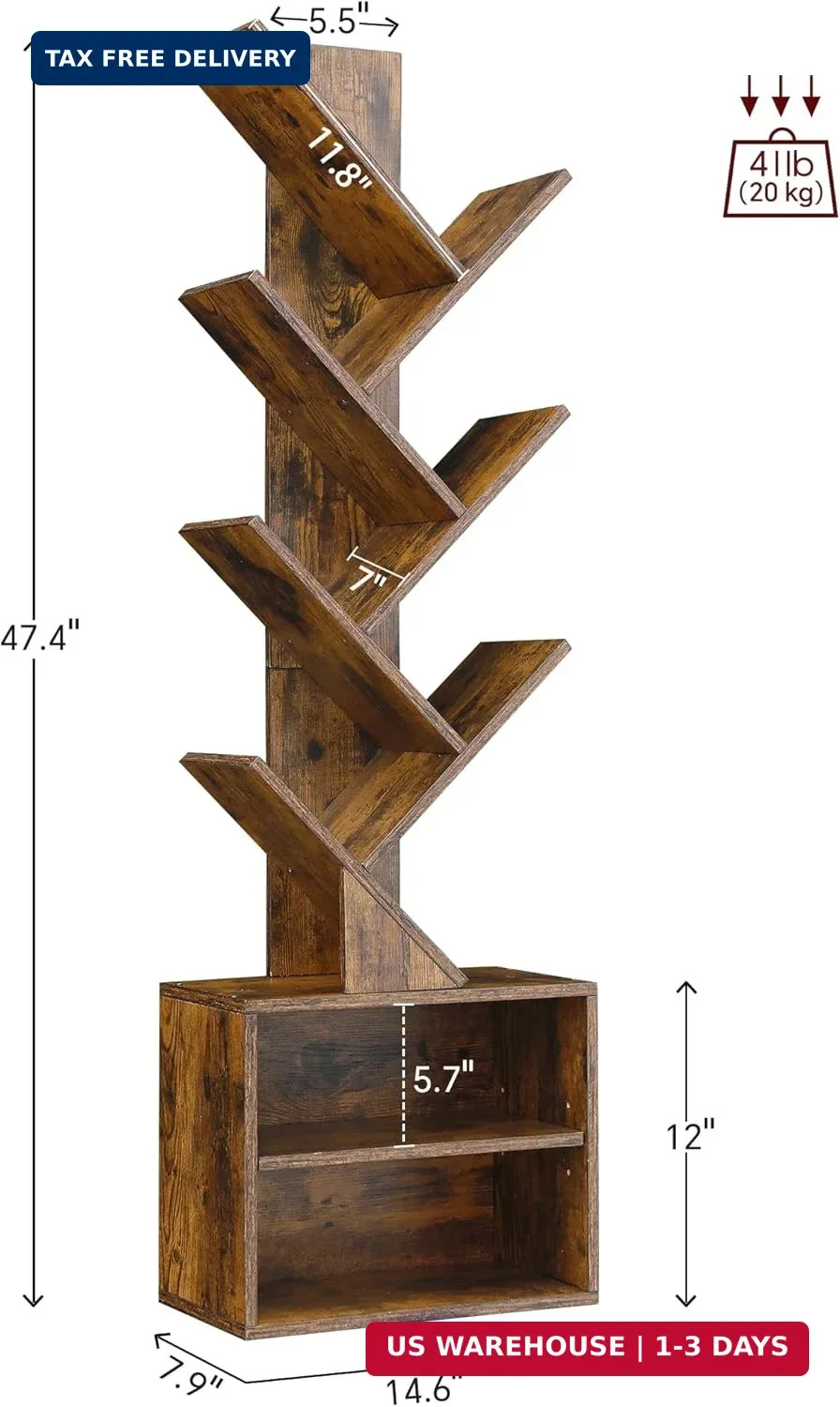 6 Tier Tree Bookshelf, Small Bookcase with Storage Cabinet, Modern Tall Narrow B