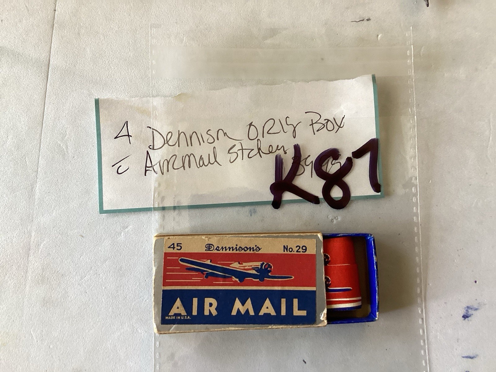 US Postal Air Mail Vintage Stickers Dennison #29 in Original Box Red White Blue