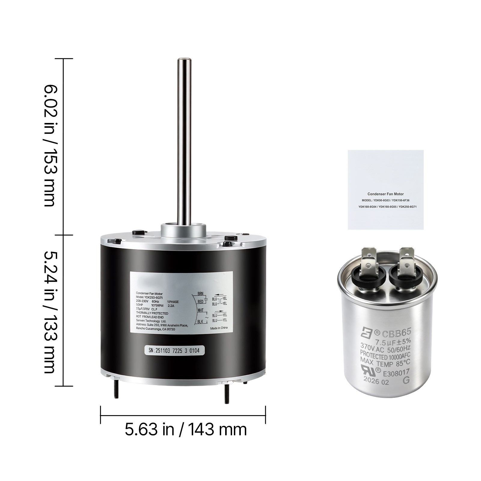 Uimoso Condenser Fan Motor with Capacitor 1/3HP 1075RPM 208-230V CW/CCW Rotation