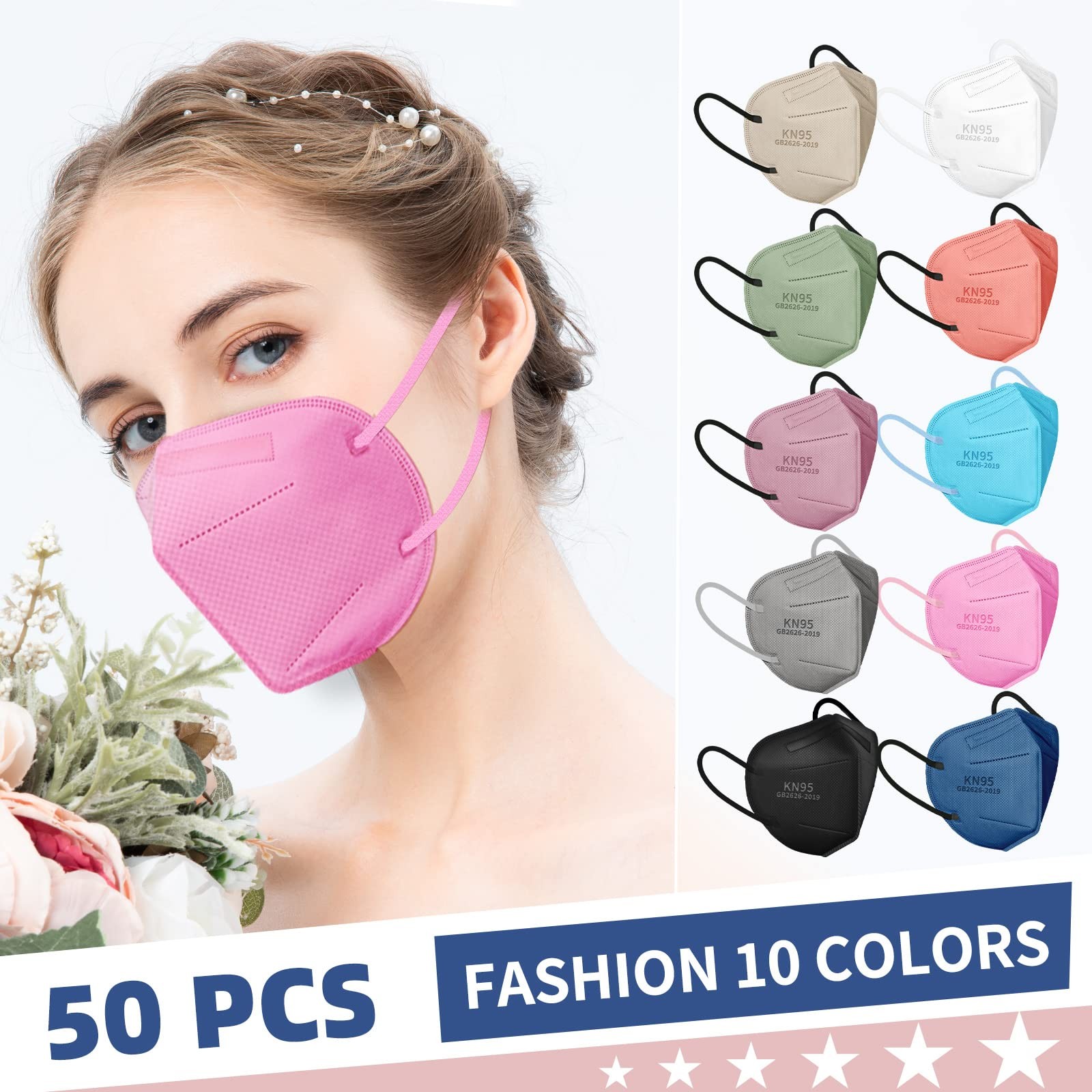 50 Pack KN95 Face Masks 5 Layer Disposable Individually Wrapped 10 Colors