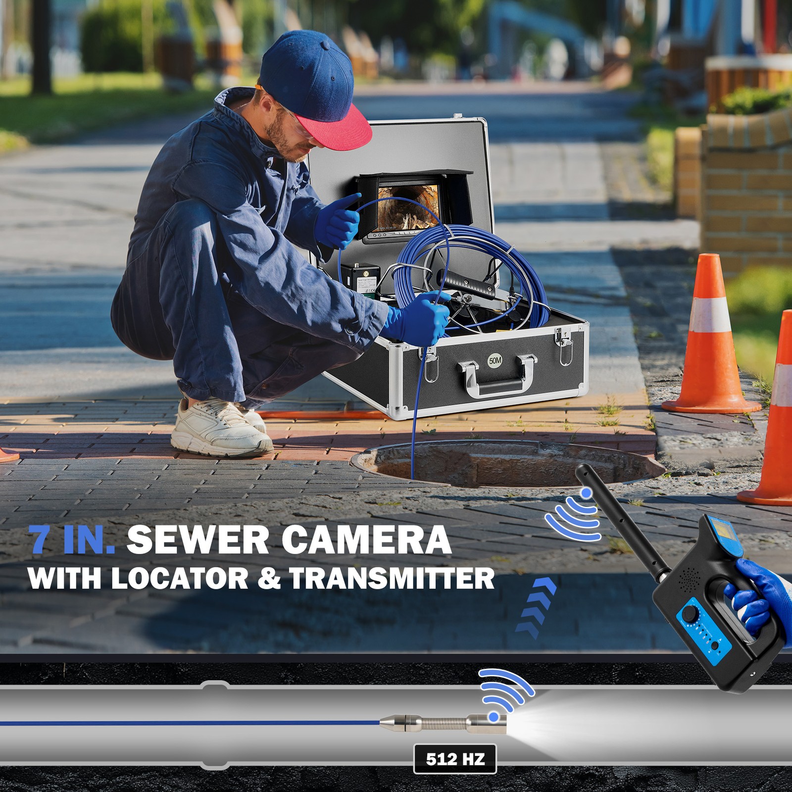 7 in. Self-Leveling Sewer Camera with Locator 164 ft. Cable IP68 Plumbing Camera