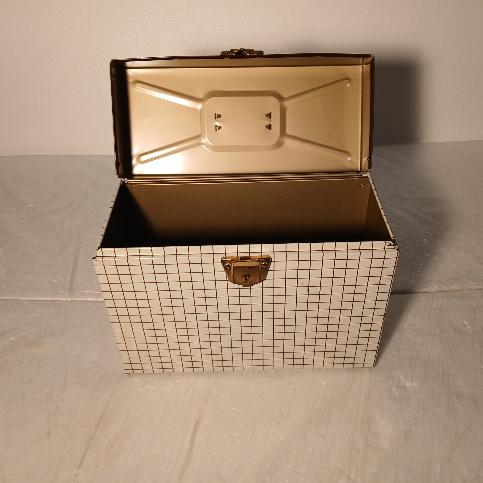 Vtg Ballonoff Porta File Metal Storage Record Box Brwn Grid Graph Pattern No Key