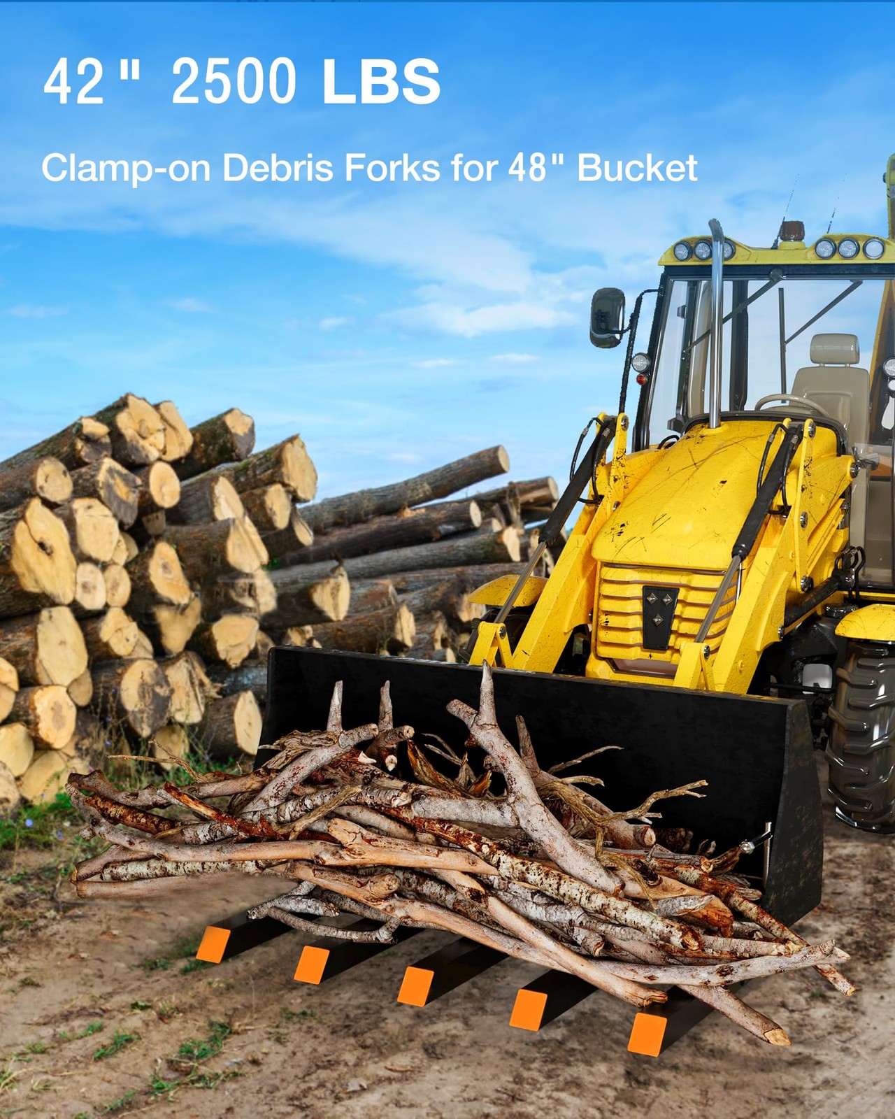 42″ Clamp on Debris Forks to 48″ Bucket, 2500lbs Heavy Duty Pallet Forks Tractor