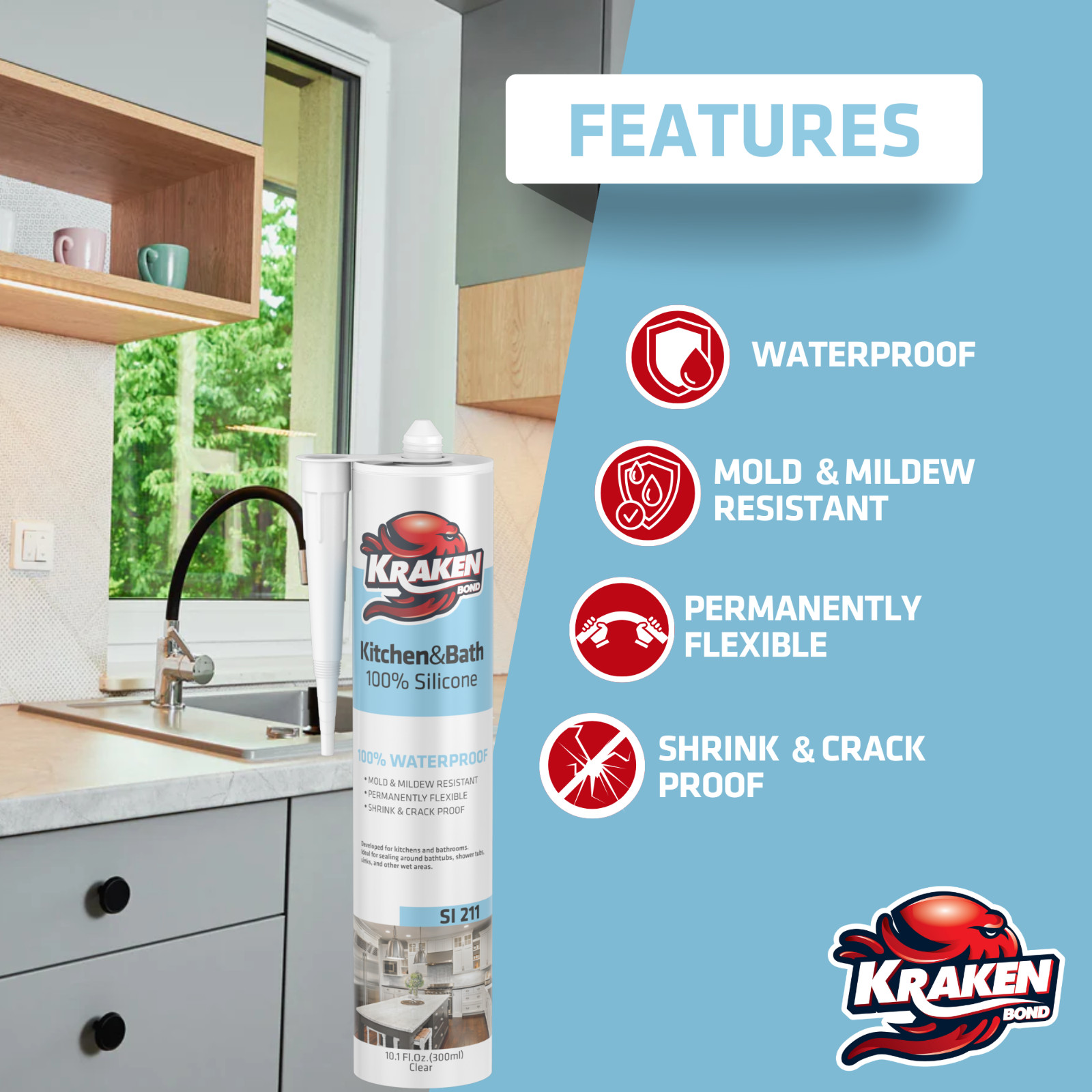 Kraken Bond 100% Clear Silicone Caulk ( 12×10.1 fl.oz) 12 Pack