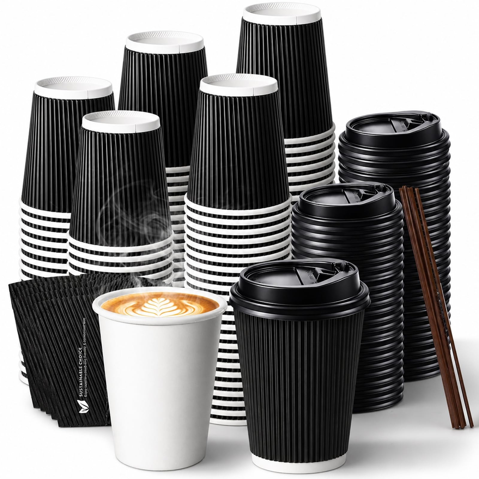 50 Pack Insulated Disposable Coffee Cups with Lids & Straws, Hot/Cold To Go Cups