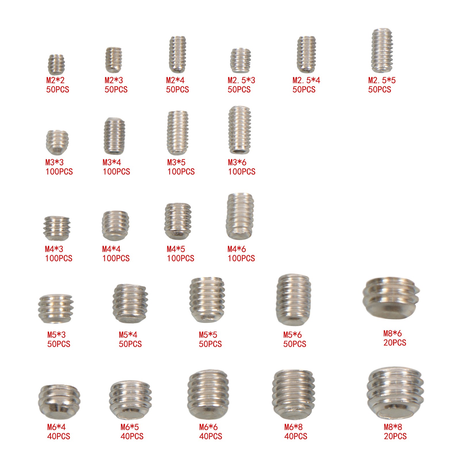 1500PCS Fully Threaded Hex Socket Set Screw Assortment Kit 304 Hex Socket Set