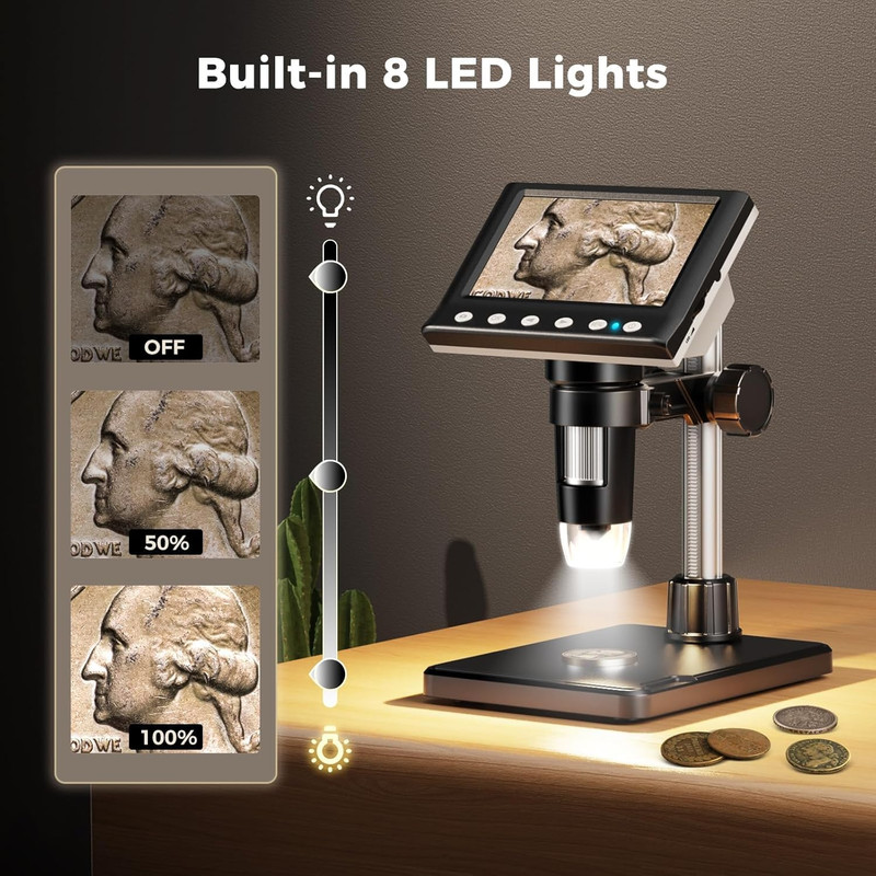 4.3 Inch LCD Digital Coin Microscope, 1000X USB Magnifier with 8 Adjustable LED