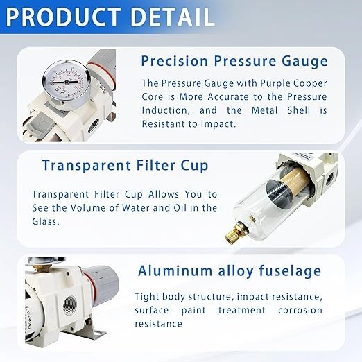1/2″ NPT Air Filter-Regulator: 5μm, Semi-Auto, PC Bowl, 0-150 PSI, Pneumatic