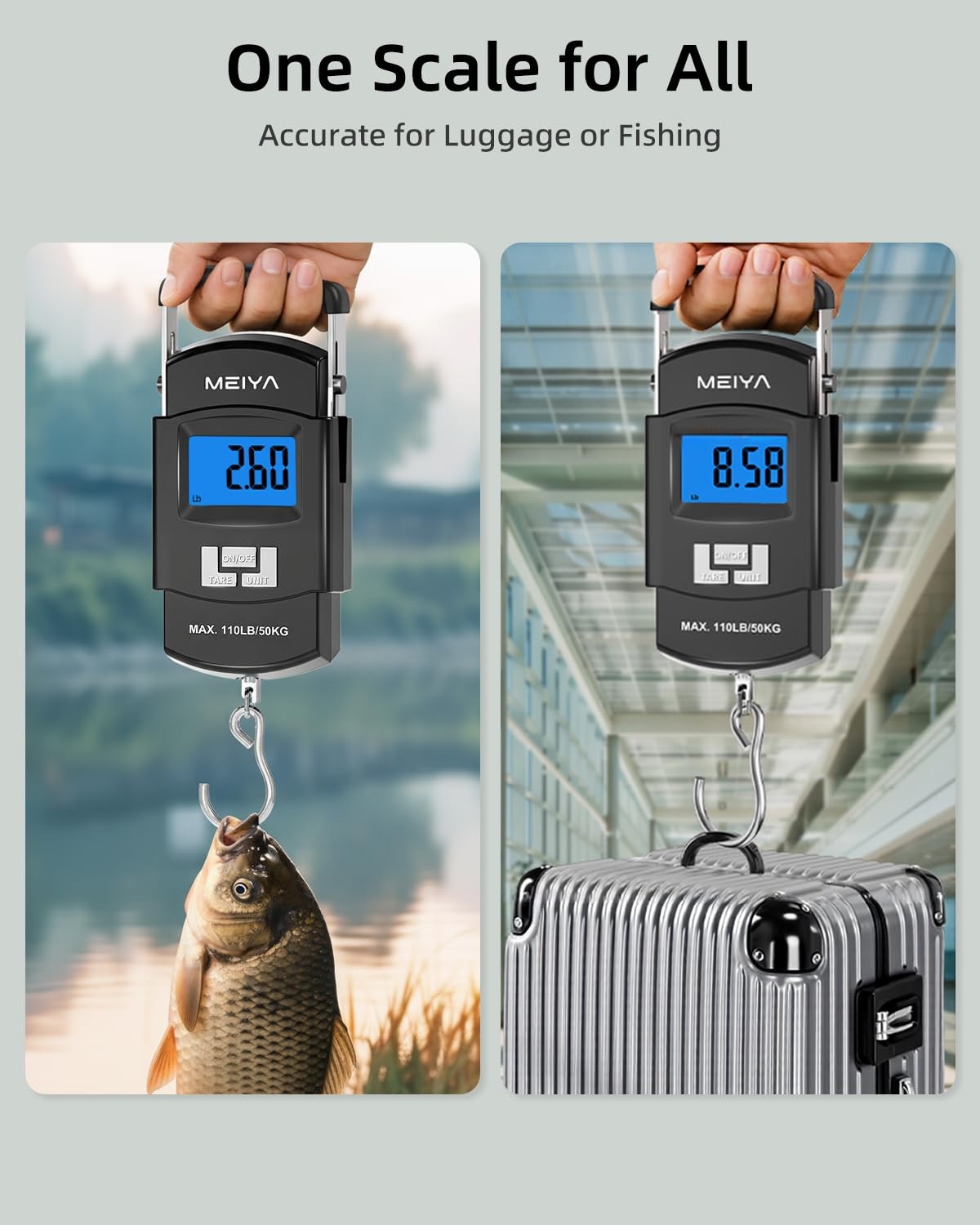 Digital Fish Scale 110lb/50kg Backlit LCD Stainless Steel Hook 2 AAA Batteries