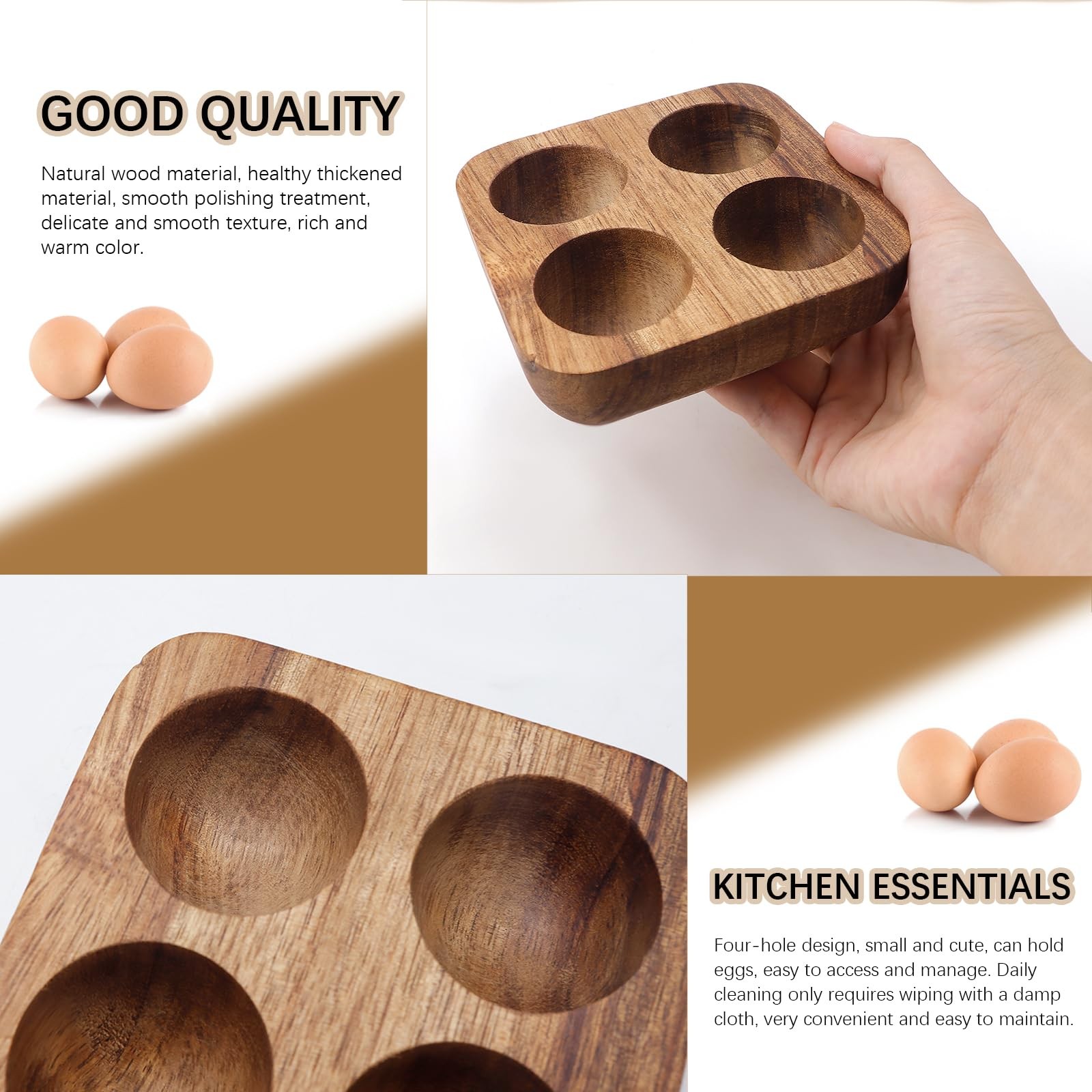 4 Slots Wooden Egg Tray, Holder for Kitchen Refrigerator Countertop brown