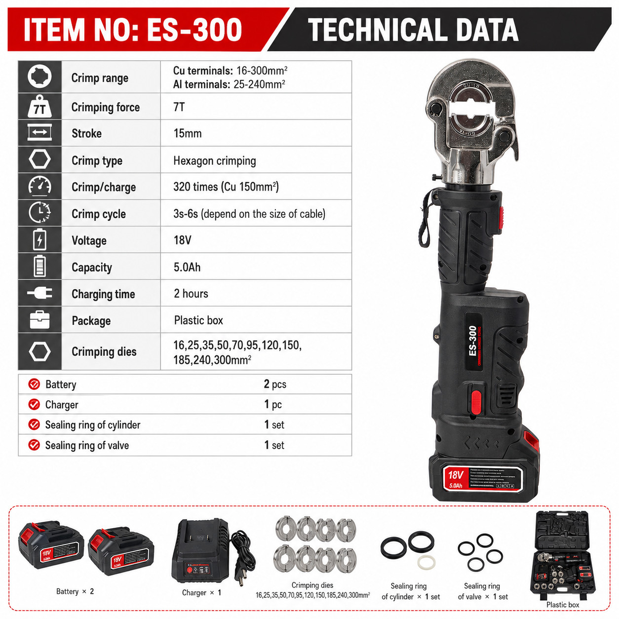 Electric Hydraulic Cable Crimper 16‑300mm² Cu/Al Terminal Crimping Tool ES‑300