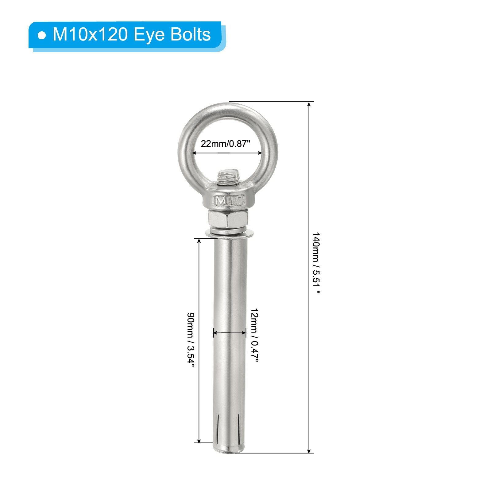2Pcs Expansion Eye Bolt M10x120mm Stainless Steel Shoulder Eyebolt Silver