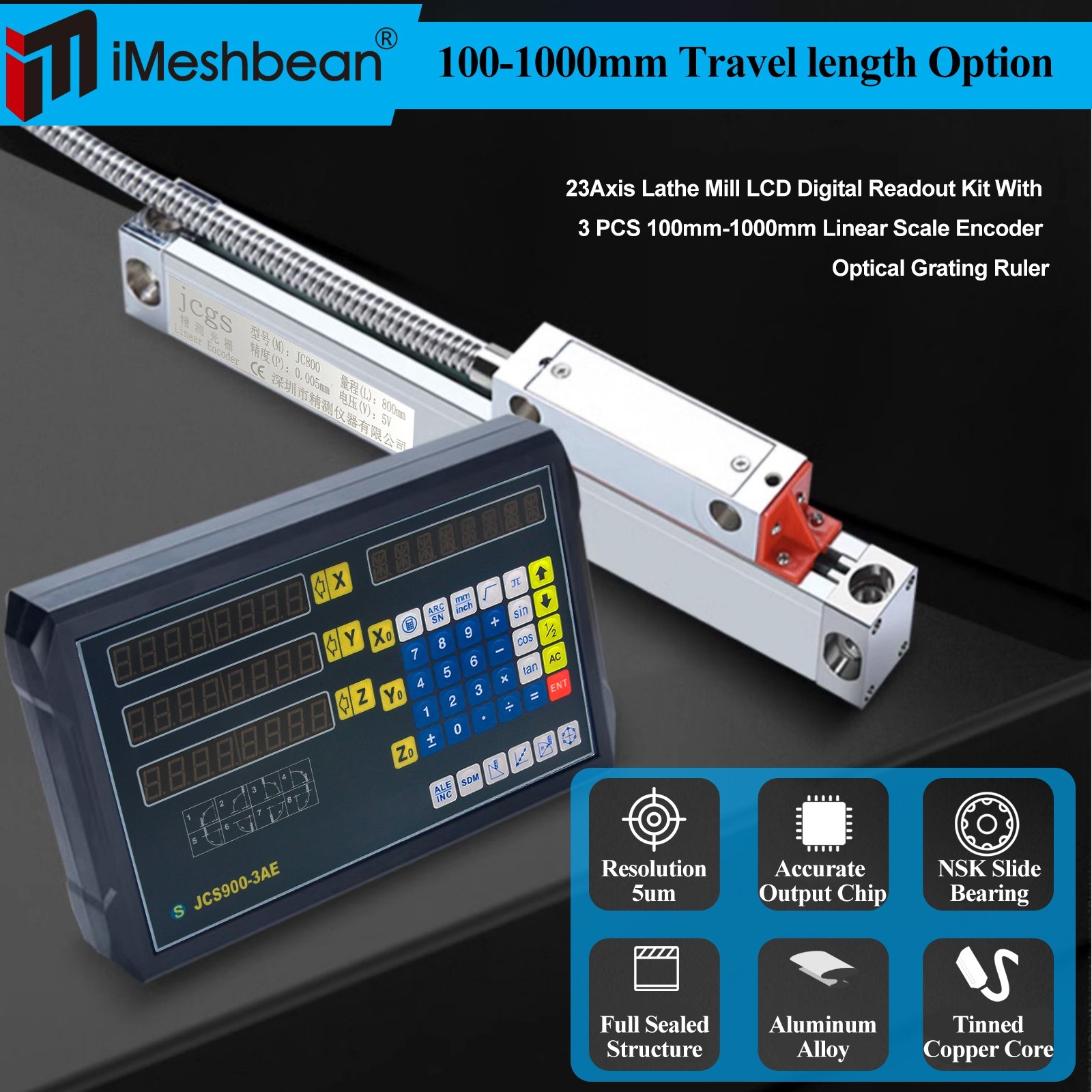 2/3 Axis Digital Readout DRO TTL 5um Linear Glass Scale Encoder Milling Lathe US
