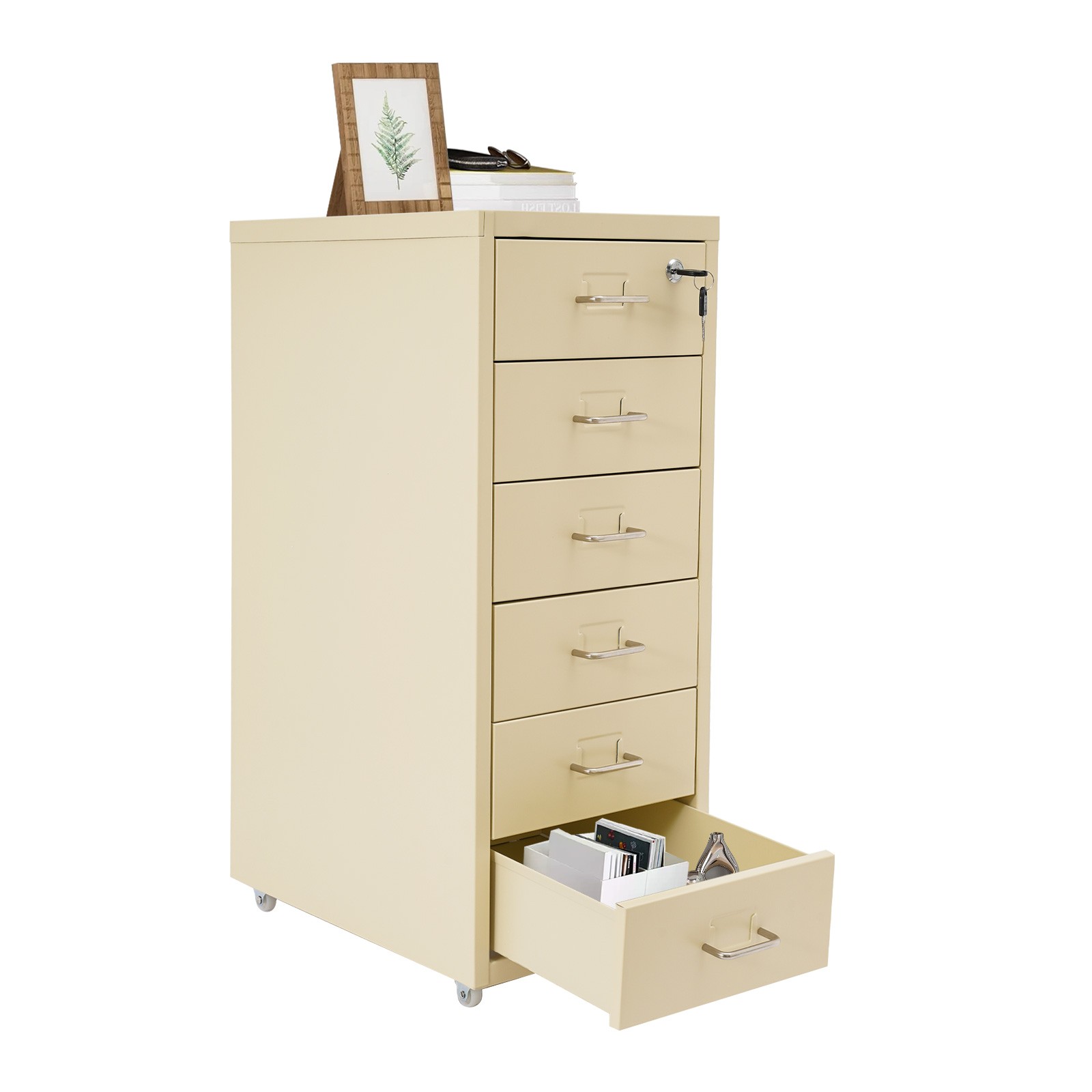 6 Drawer Beige Vertical Metal File Cabinet with Lock and Rolling Wheels for Home