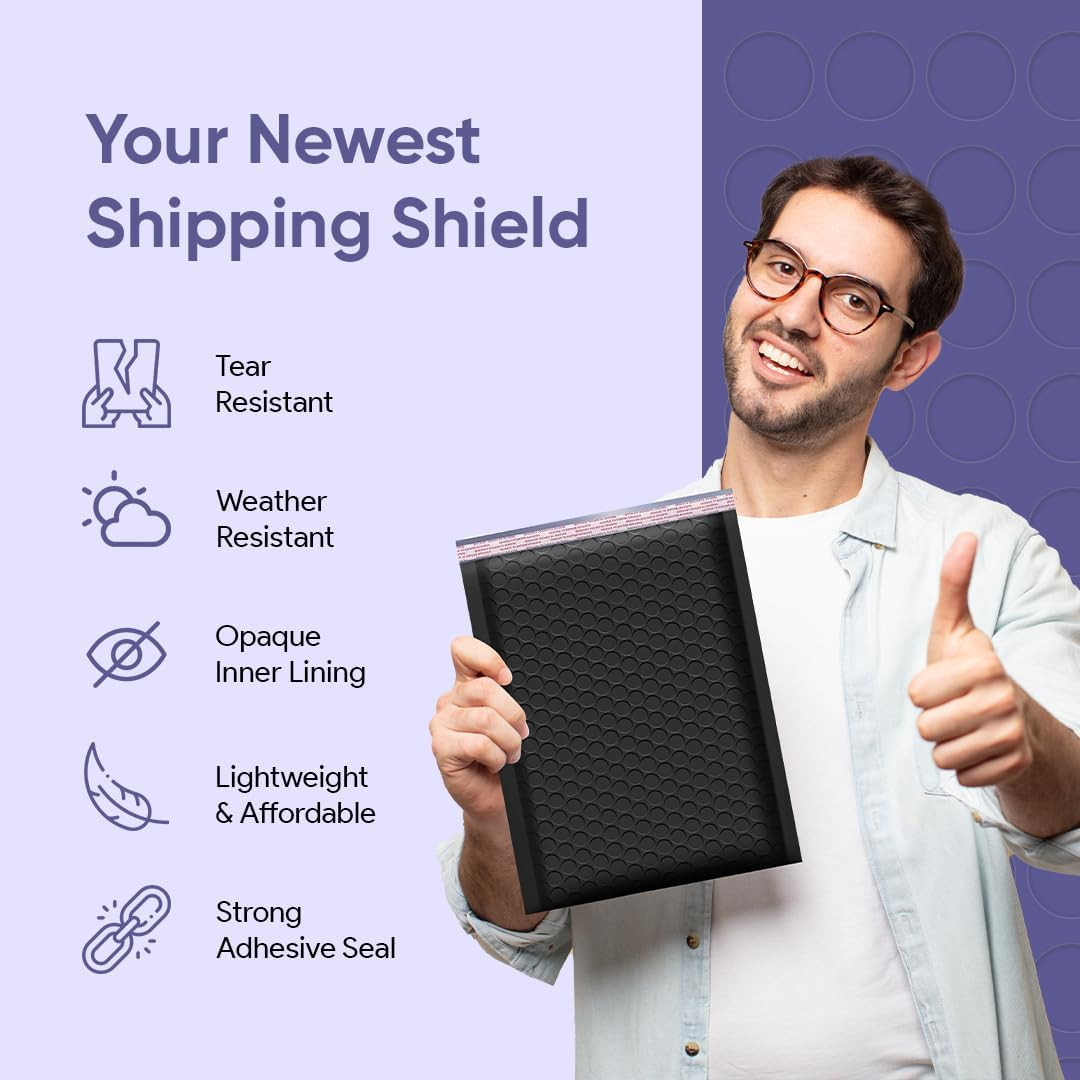 Black Bubble Mailers 9.5×14.5, Self Seal Poly Padded Envelopes #4, 100 Pack | Fi