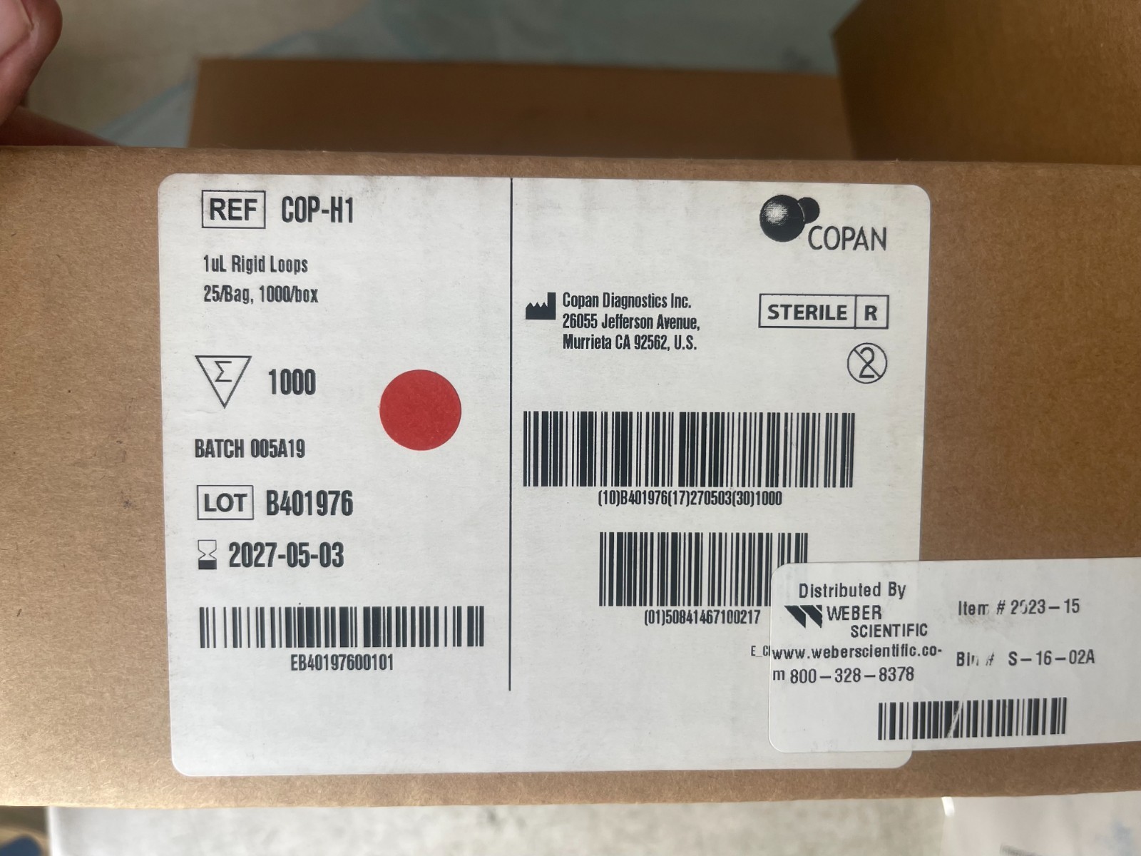 COPAN 1µL Rigid Loops COP-H1 1000 Per Box Exp. Date 2027-05-03