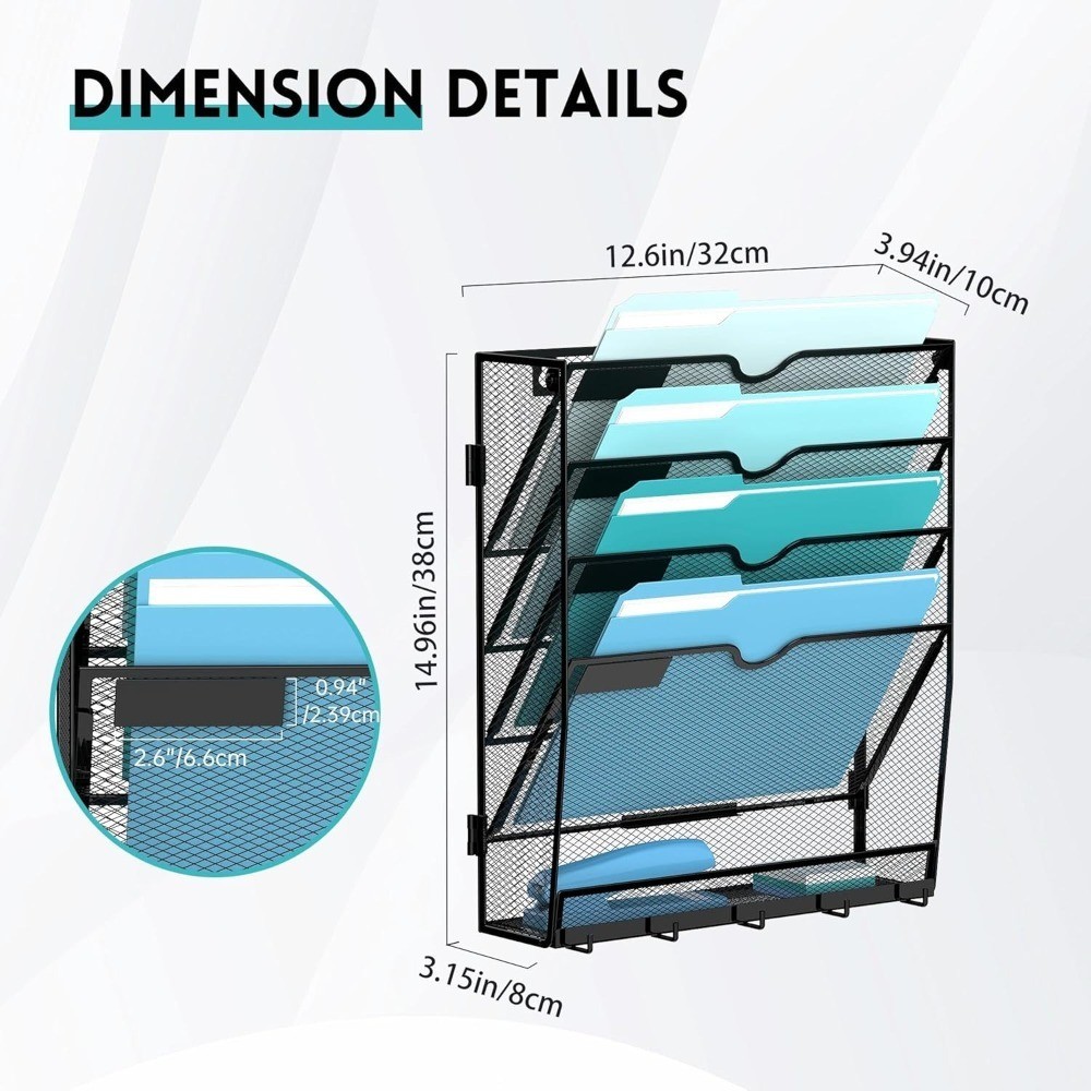 Wall Mounted Hanging File Organizer with 5 Tiers and 5 Hooks for Mail Papers