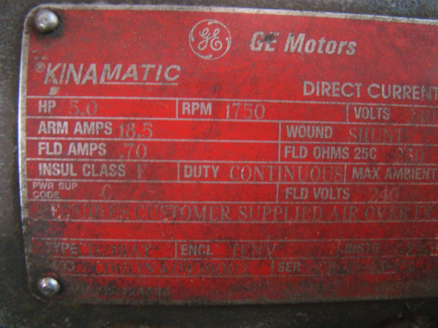 GE Motors Kinamatic 5hp 1750Rpm 18.5amps 240V DC CD132NA012B002