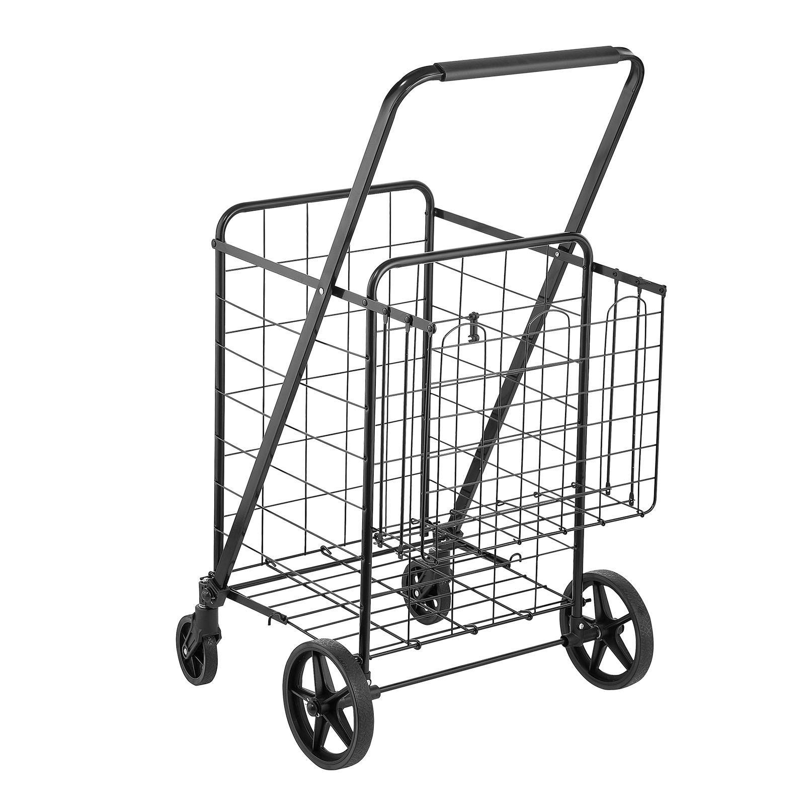 VEVOR Folding Shopping Cart Rolling Grocery Cart with Double Baskets 110 LBS