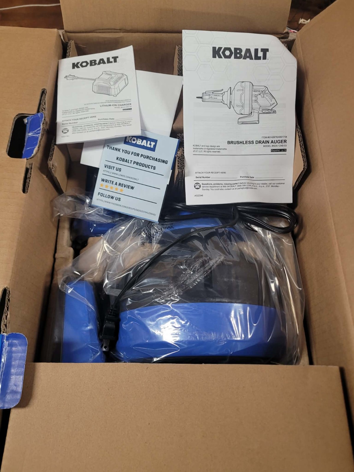 New Kobalt 24v Cordless Drain Auger Kit with 85 Watt Battery & Charger 4891704