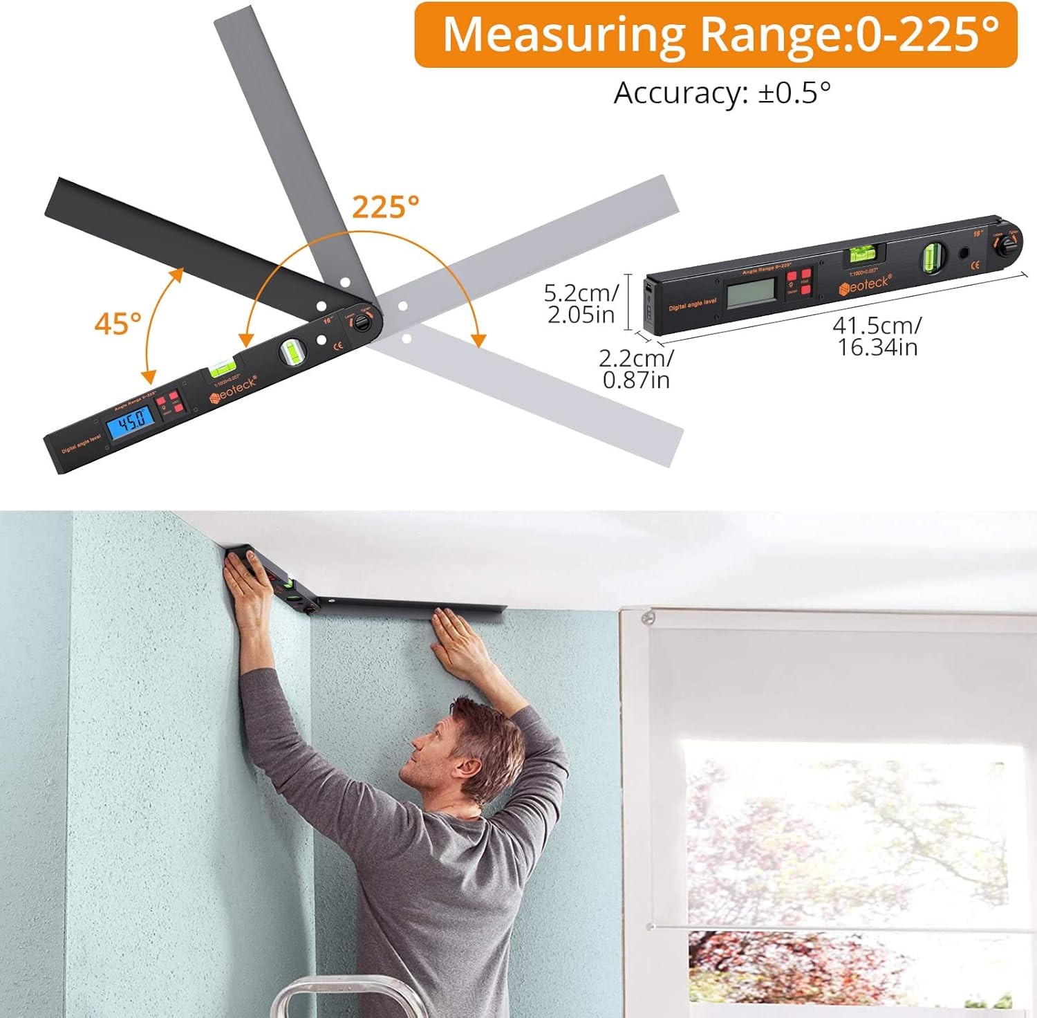 Neoteck Aluminum Digital Angle Finder Protractor 225° 16 Inch Backlit LCD DIGIT