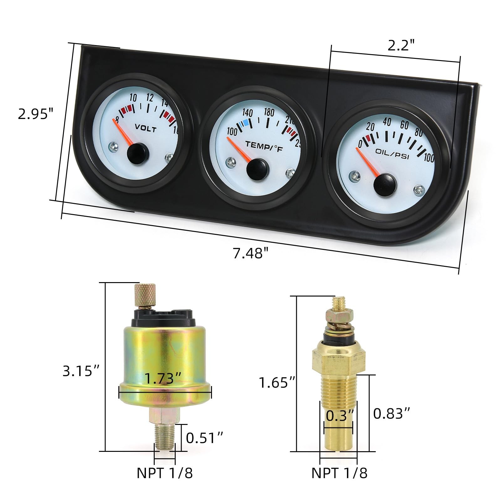 52mm Triple Gauge Set (Oil Pressure+Water Temp+Voltmeter) 3 in1 White Triple …