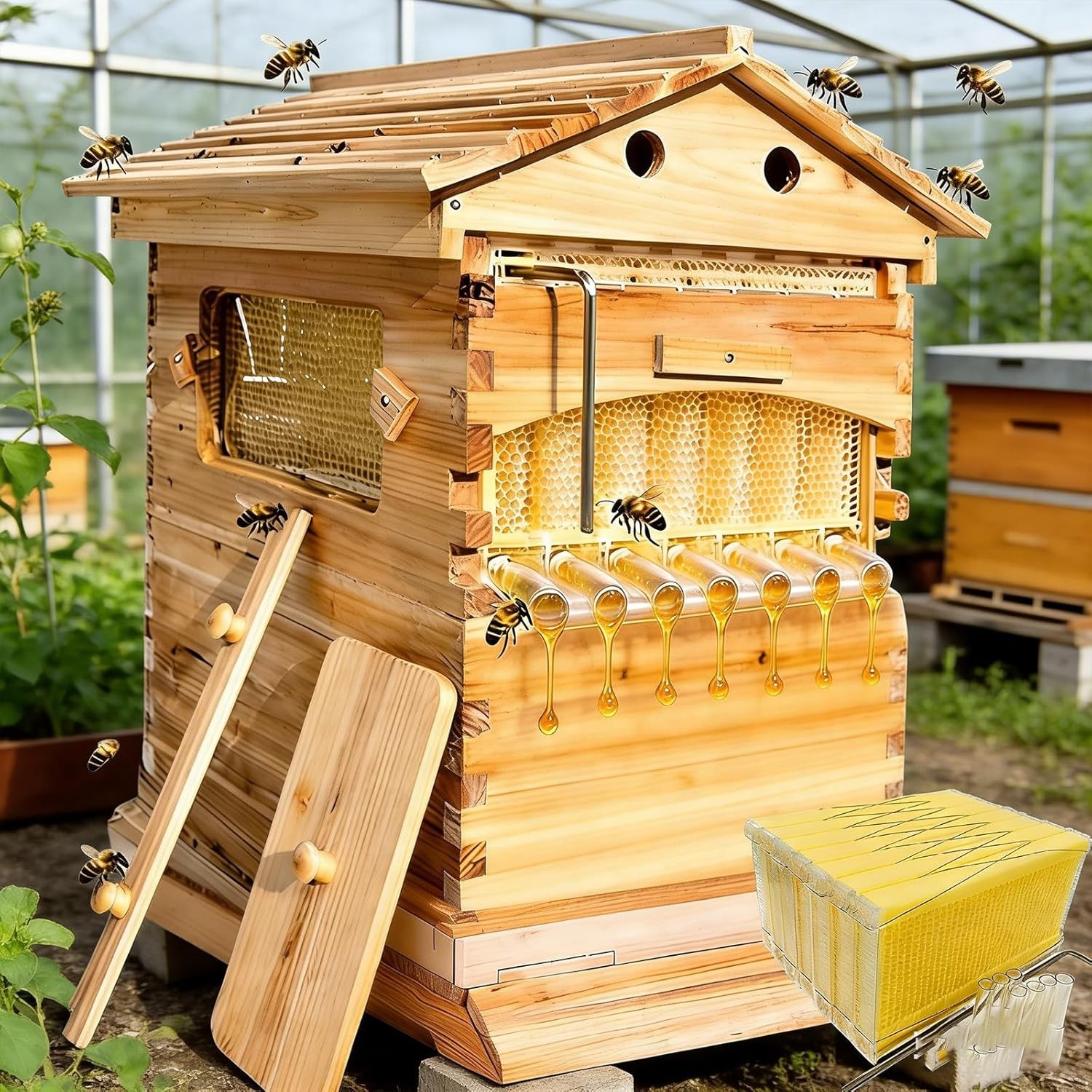 2-in-1 Auto Seedding Beehive Starter Kit Wooden Auto Honey Hive + 7 Auto Frames