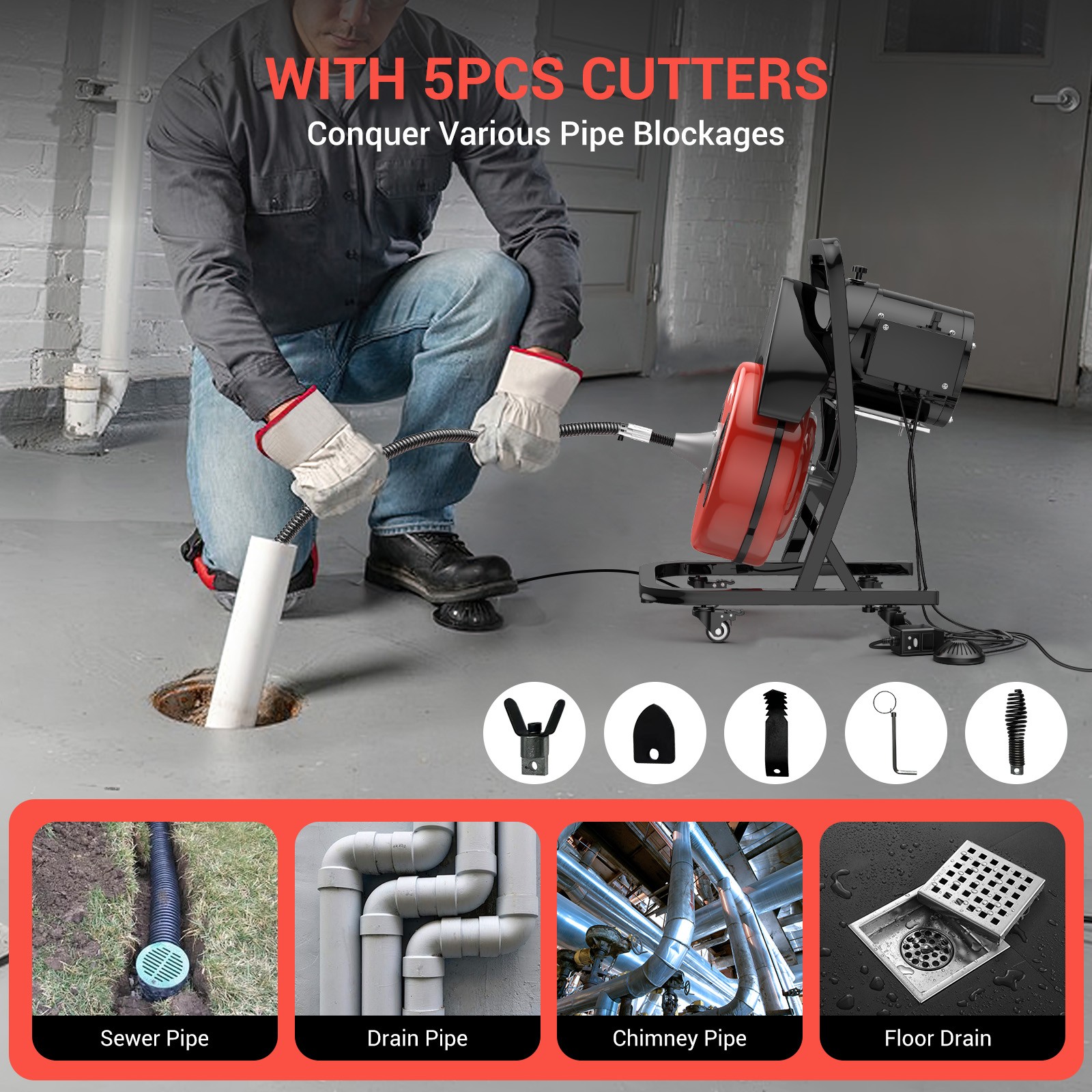 Electric Drain Cleaner Machine 50FT x 1/2″ 450W Auto-Feed Sewer Snake Auger