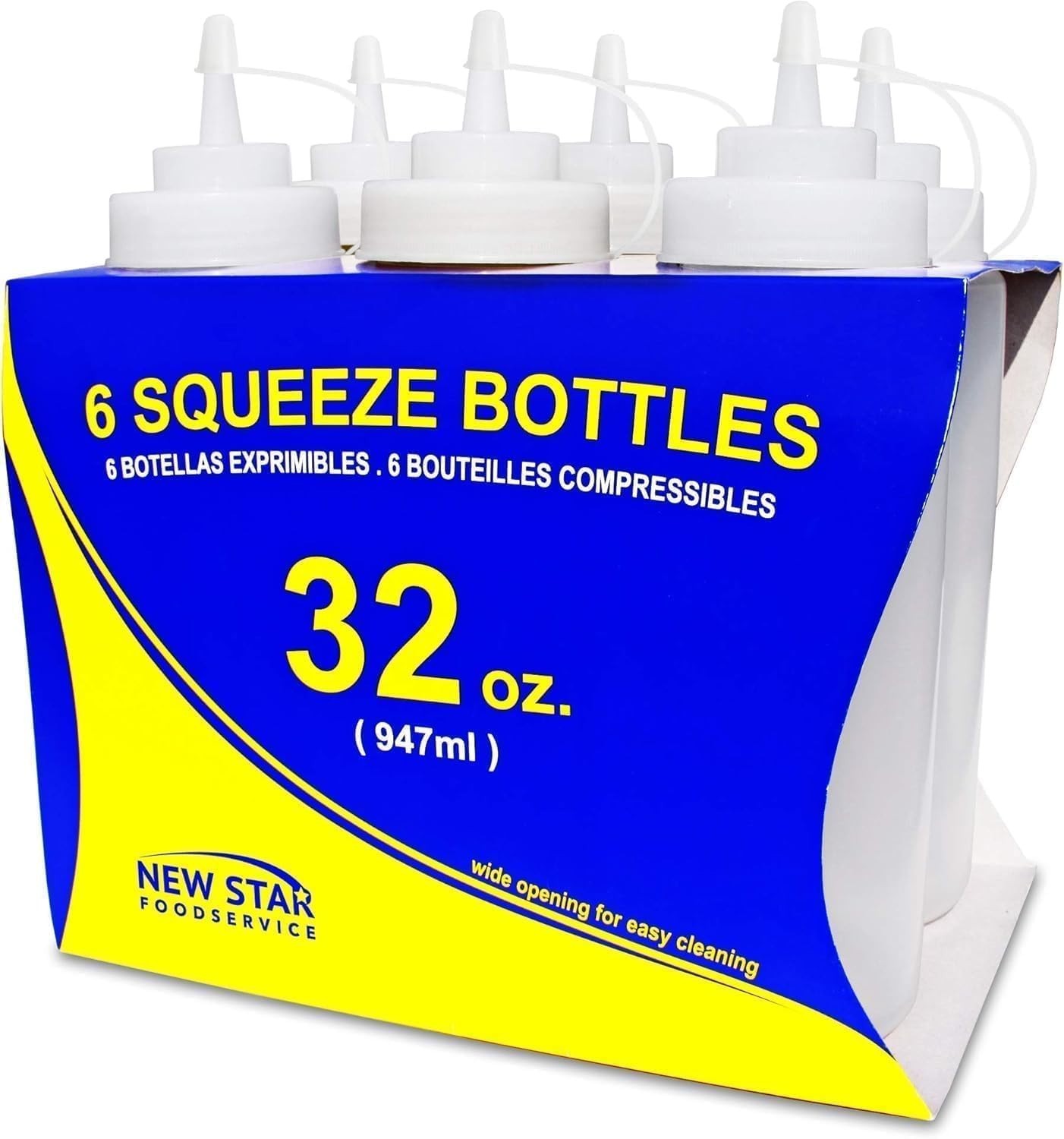 New Star 32 Oz Wide Mouth Squeeze Bottles 6 Pack BPA Free Condiment Dispenser