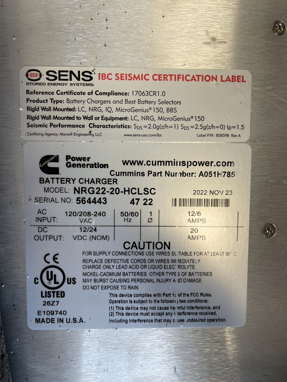 Cummins 20 Amp Battery Charger A051H785, OEM SENS Part No. NRG22-20-HCLSC