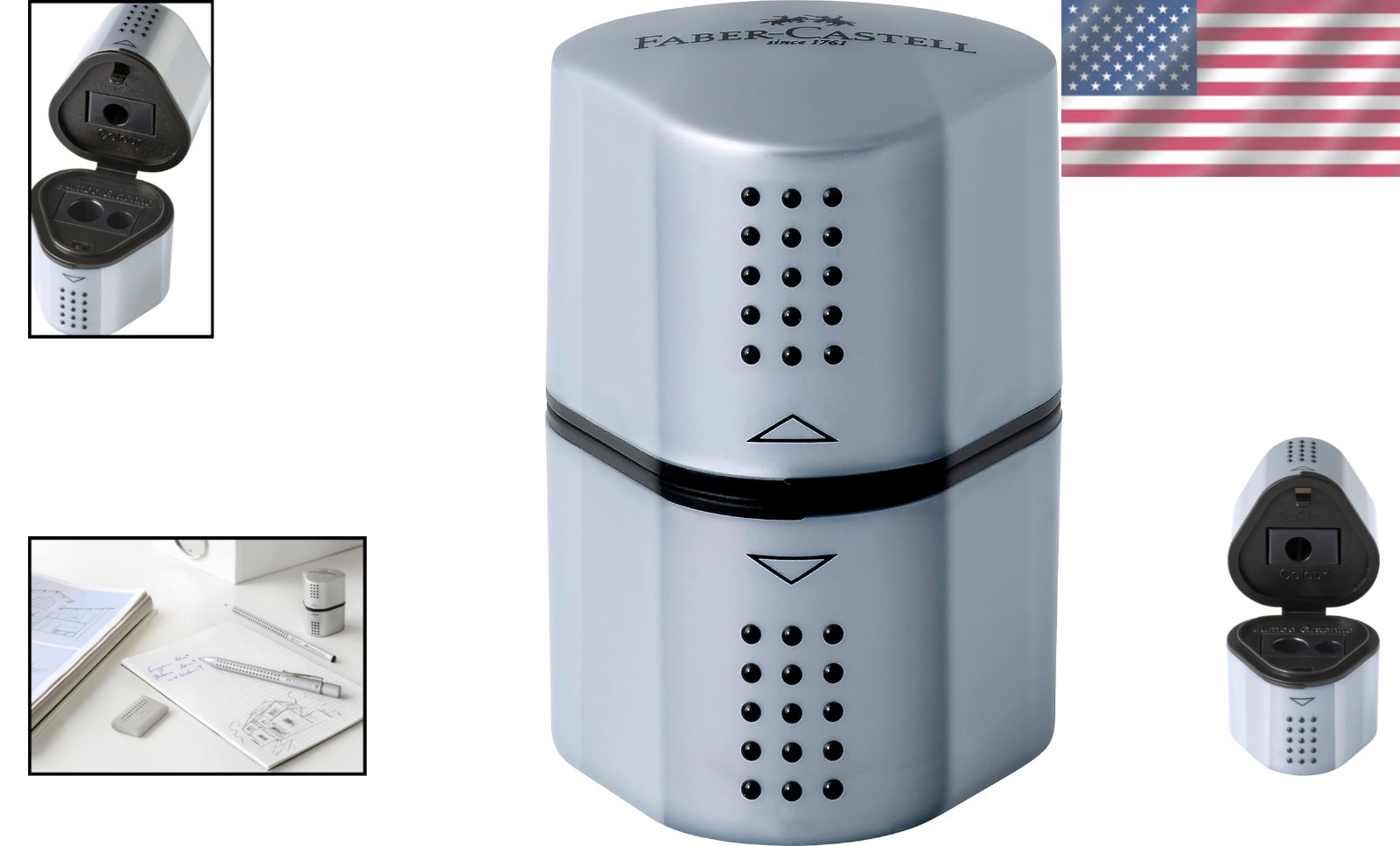 Trio Sharpener Box Grip 2001 – Hand-Powered Ergonomic Pencil Sharpener in Silver
