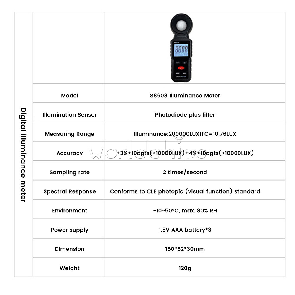 S8608 LCD Light Meter Digital Illuminance Meter Luxmeter Photometer 200000Lux