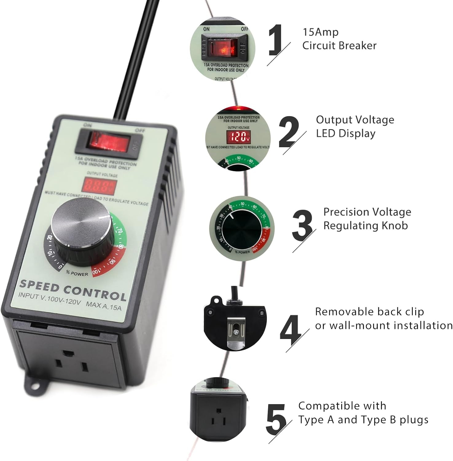 AC Motor Variable Speed Controller 120V 15A 4000W with Overload Protection Switc