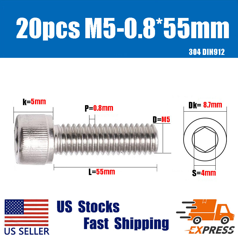 20PCS New M5 X 55mm 304 Stainless Steel Allen Hex Socket Cap Head Screws DIN912