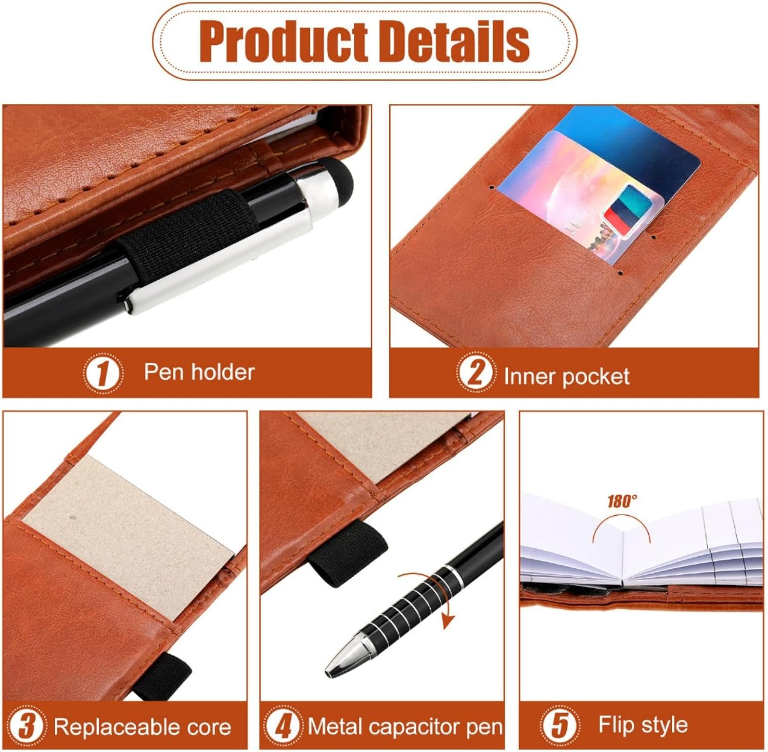 8 Pcs Mini Pocket Notepad Holder Set Leather Notepad Holder with Metal Pen Lined