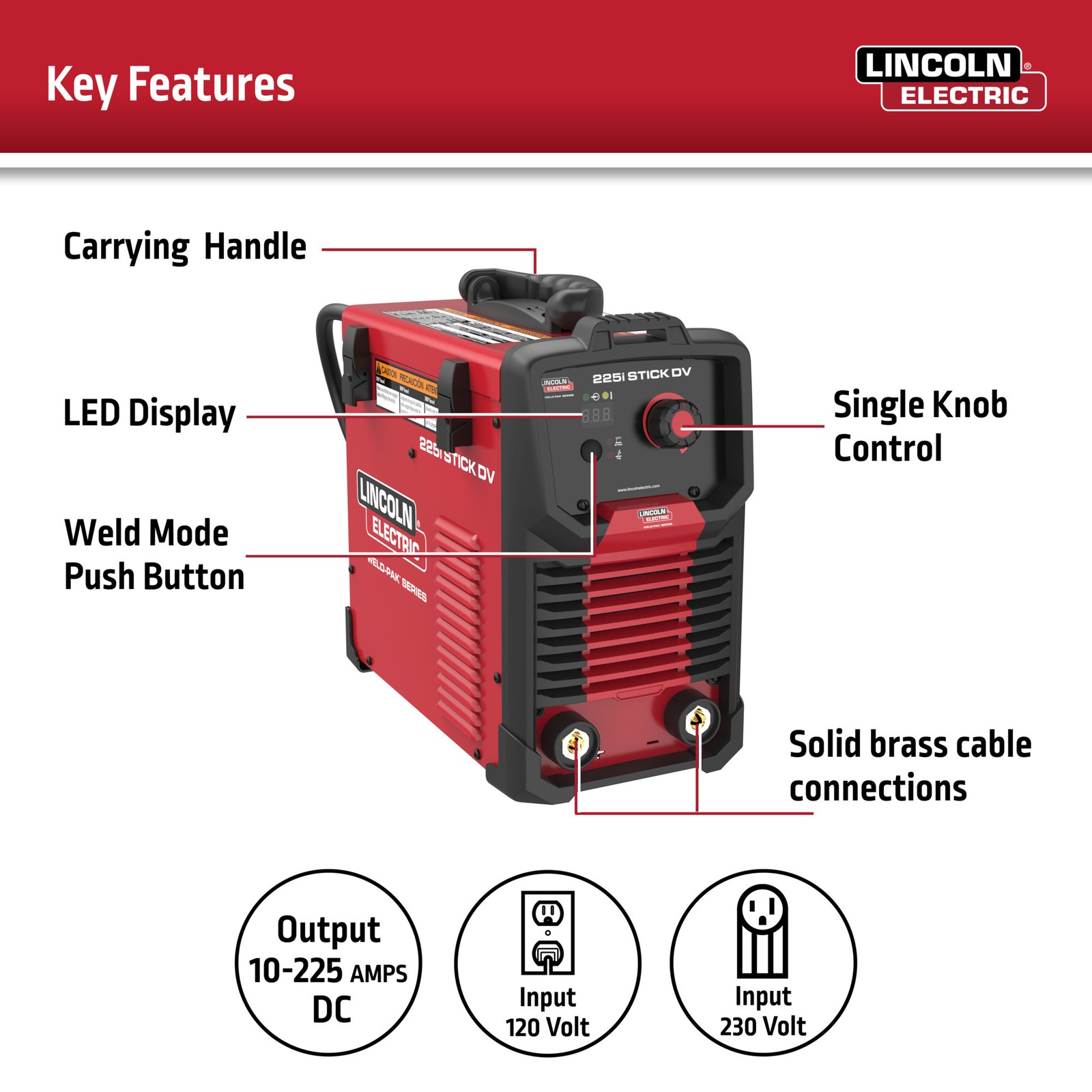 Lincoln Electric Weld-Pak 225i Stick/TIG Welder, Dual Voltage 120/230V, 225 Amp
