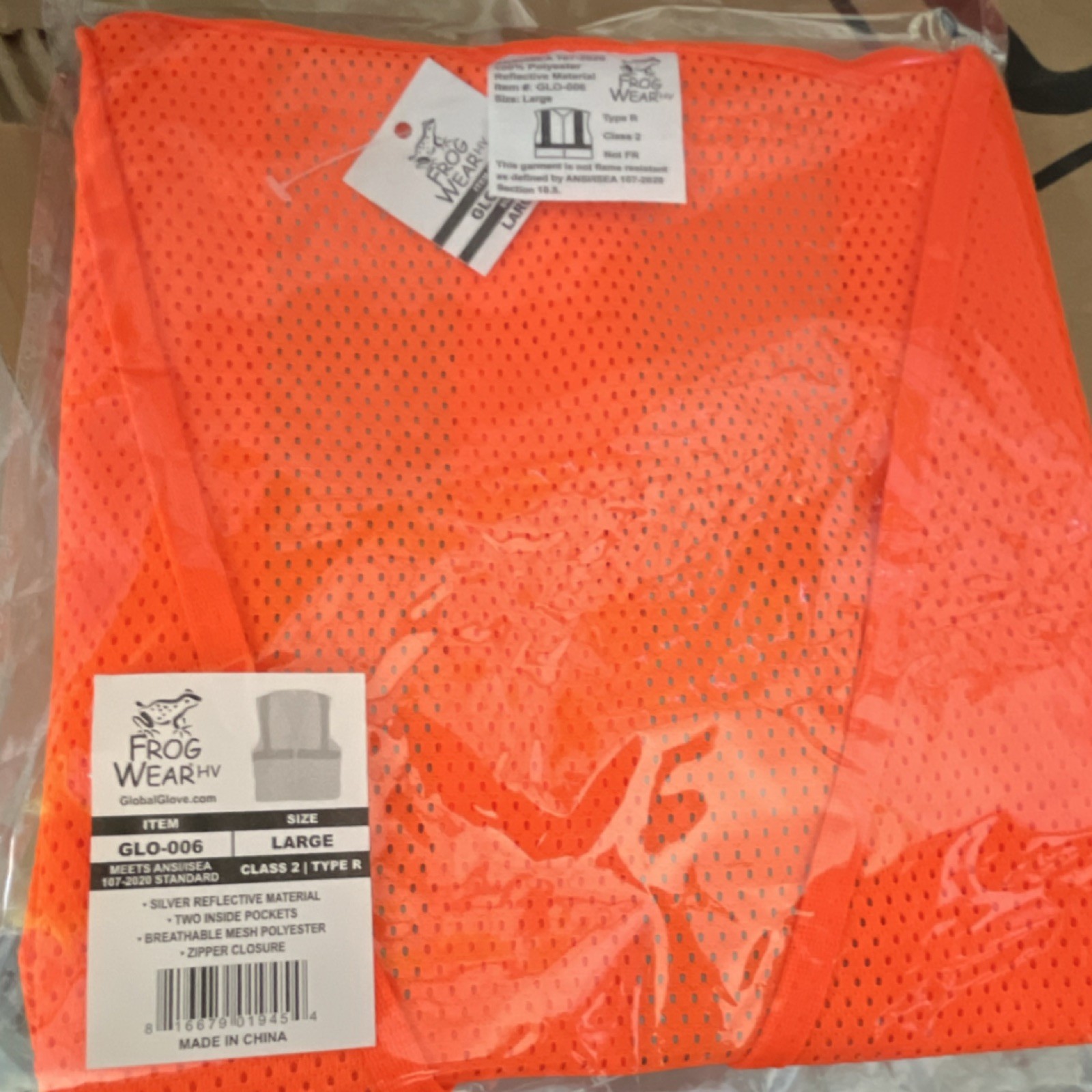 FrogWear HV GLO-006 Hi-Visibility Orange Safety Vest Large Class 2 Type R