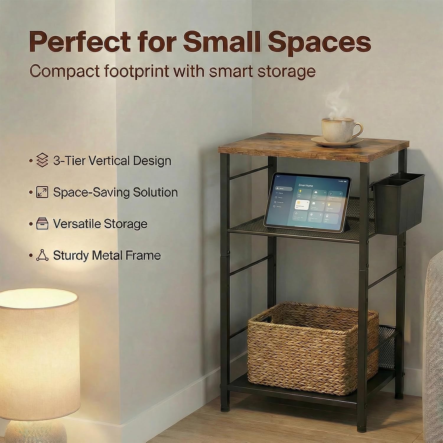 Adjustable 3-Tier Under Desk Printer Stand with Hooks & Basket