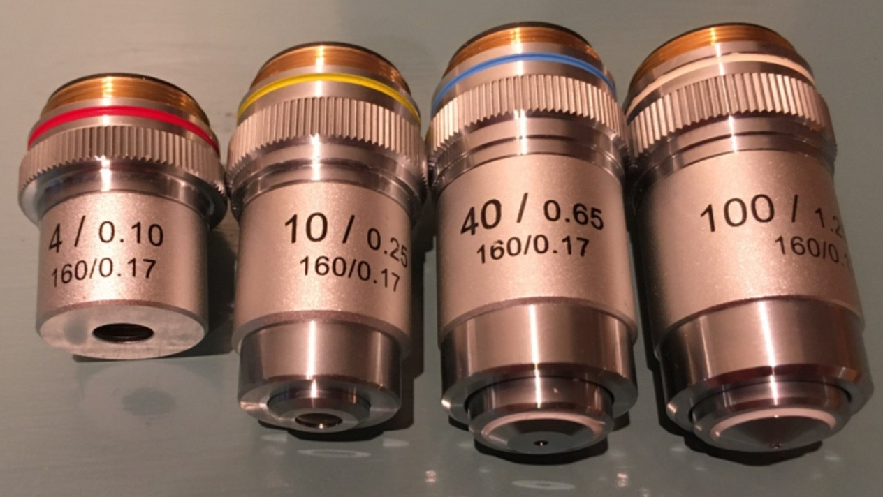 AmScope Achromatic Objectives : 4X, 10X, 40X, 100X Lot of 4 pcs – DIN std