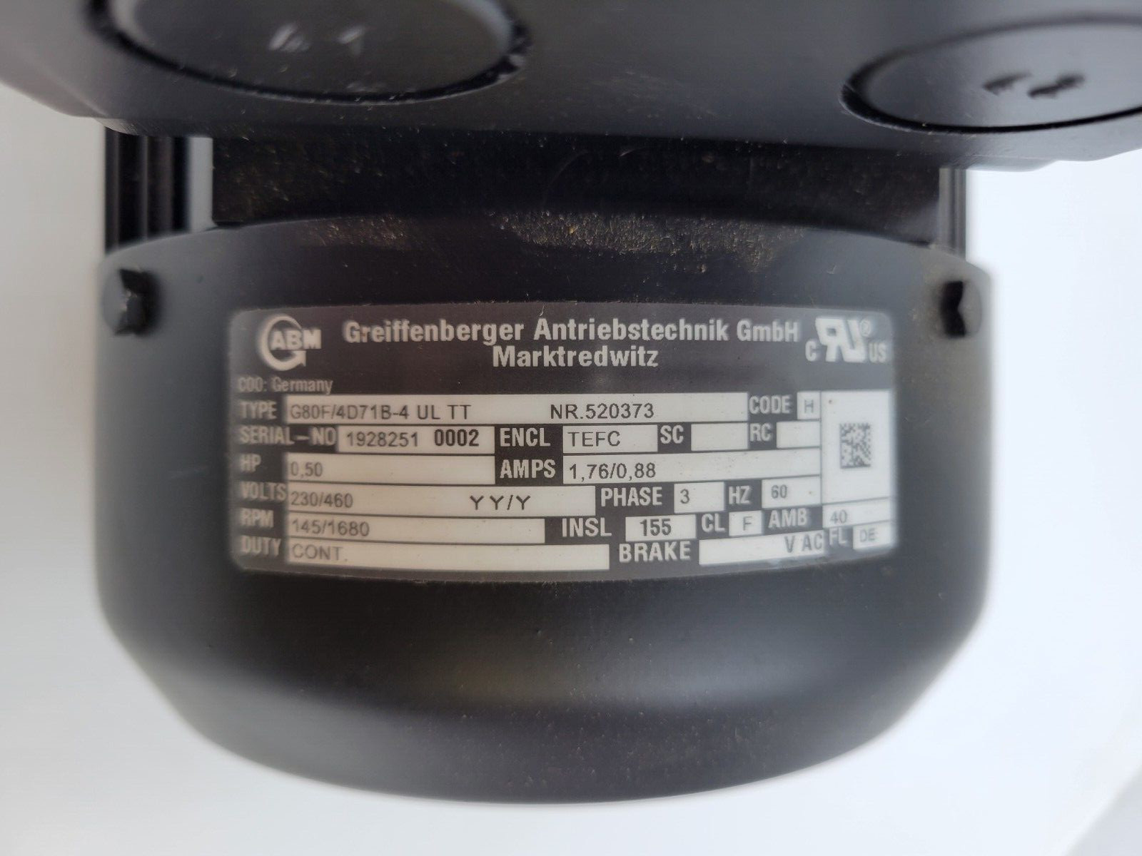ABM Greiffenberger G80F/4D71B-4 UL TT Gear Motor 1.76A 230/460V 60Hz 0.5HP 3PH