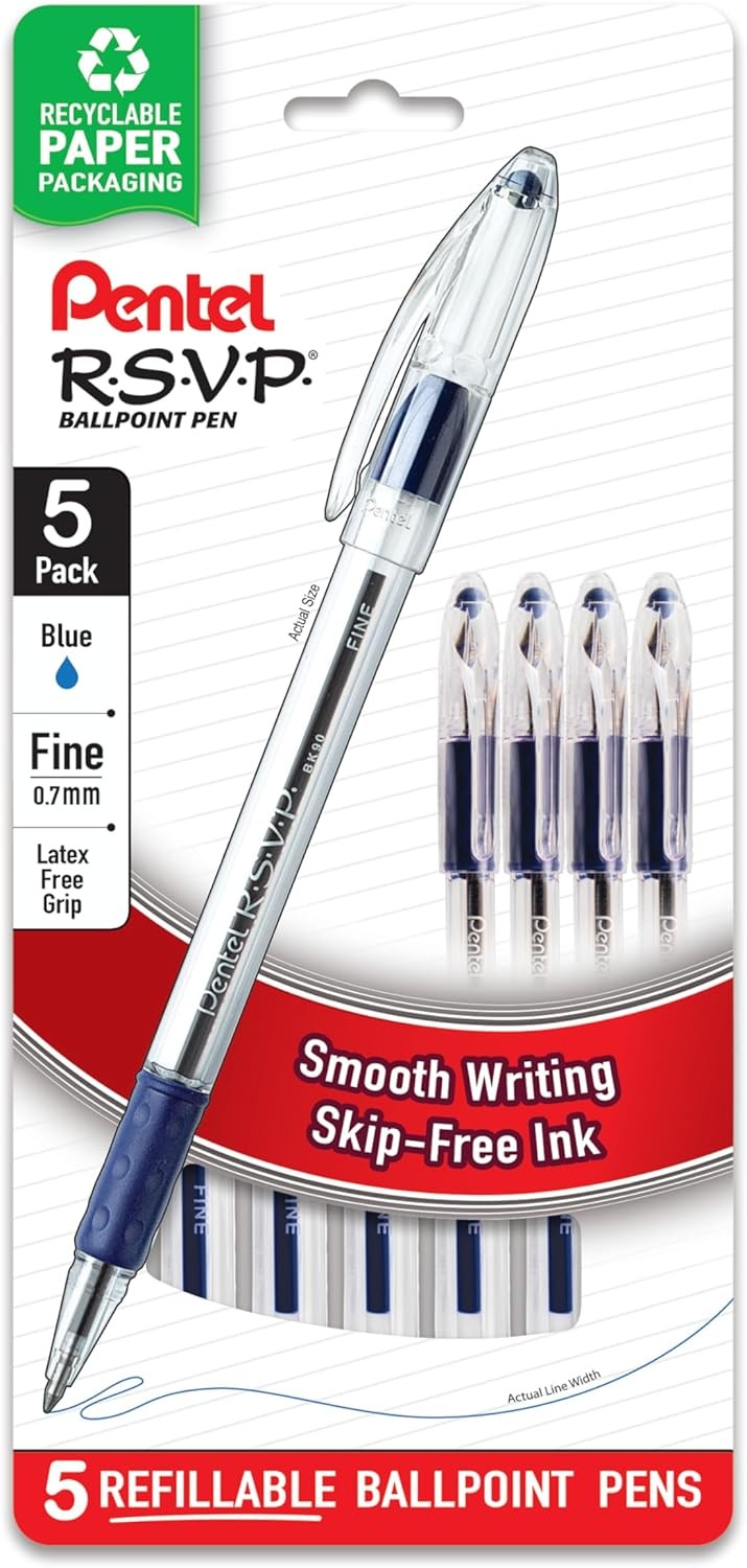 RSVP Ballpoint Pen, Fine Line, (0.7mm), Blue Ink (BK90BP5C) (Pack of 1, 5 Count